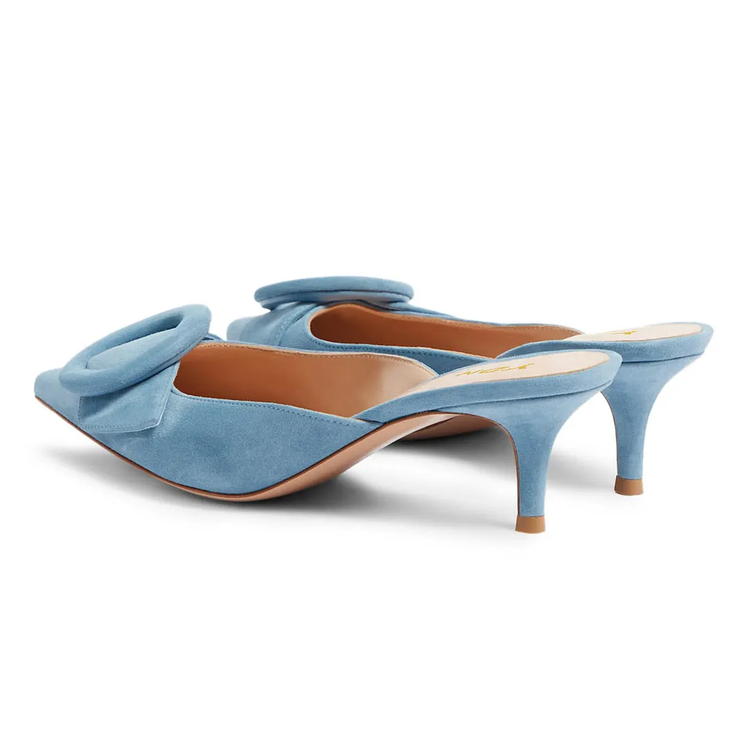 Light Blue Vegan Suede Stiletto Heel Mules Shoes with Pointed Toe