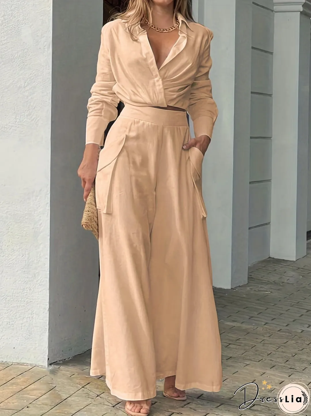 Casual Matching Two-piece Set, Long Sleeve Blouse & Wide Leg Pants Outfits, Women's Clothing