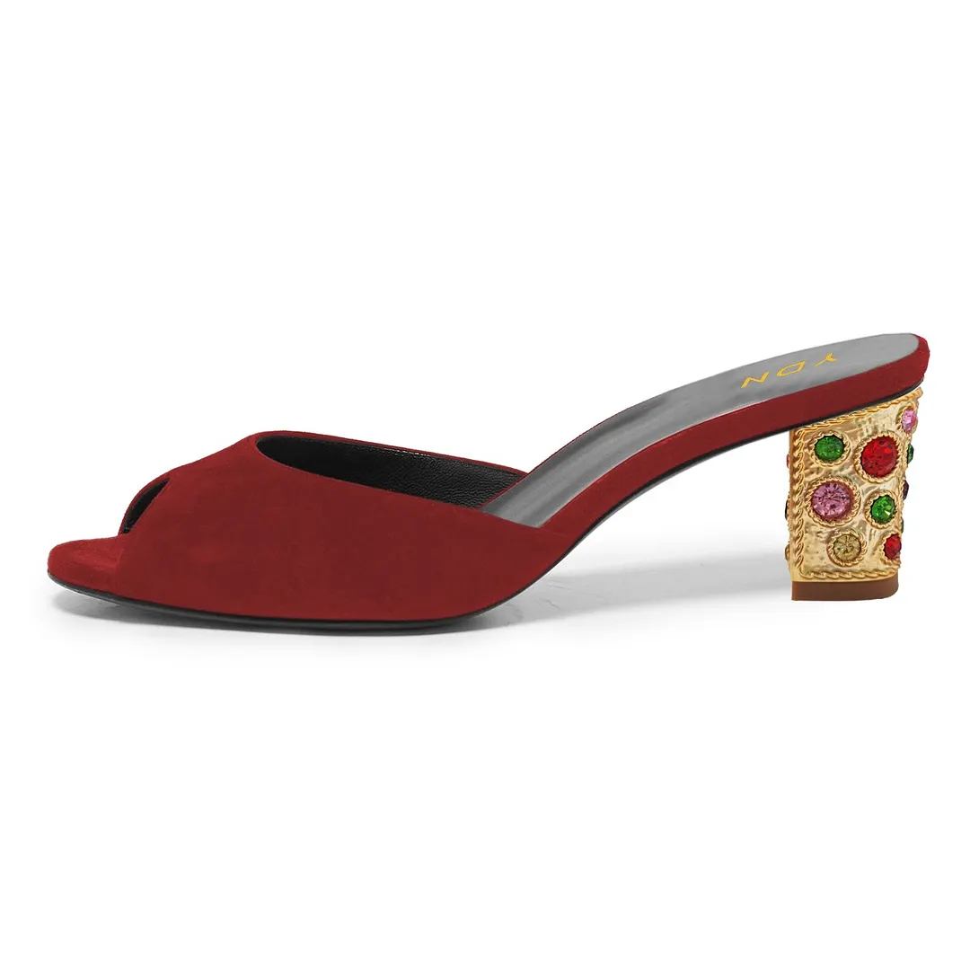 Trendy Red Peep Toe Rhinestone Decorative Heel Mules for Women