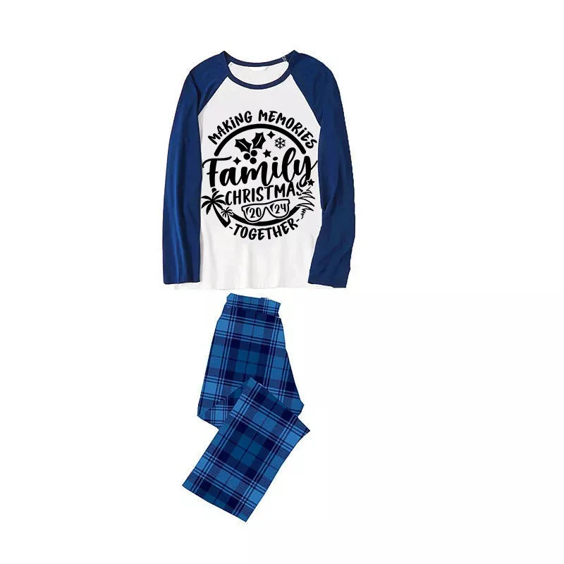 Christmas Make Memories Together 2024 Print Blue & Black Plaid Family Matching White Pajamas With Dog