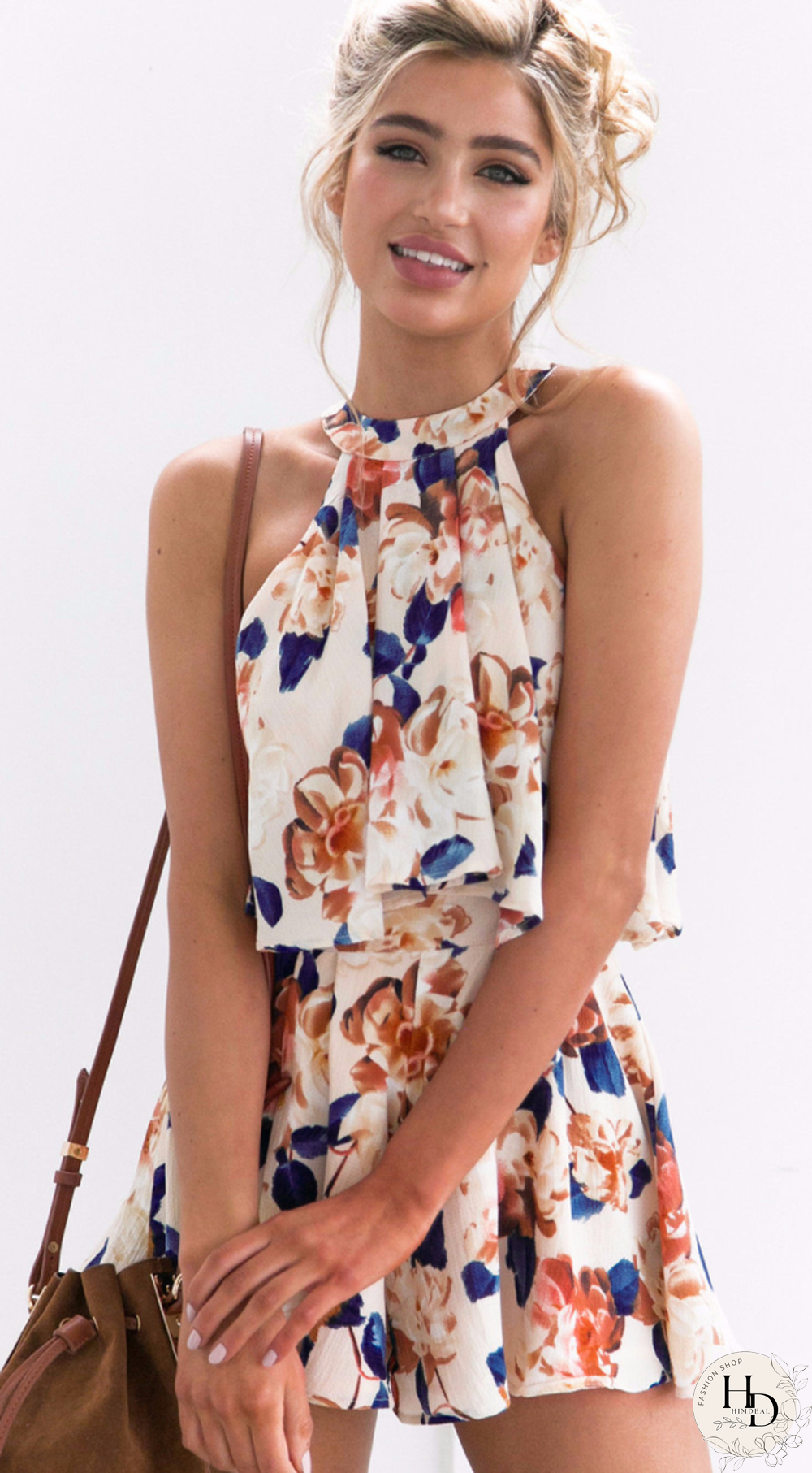Beige Floral Crop Top and Shorts Matching Sets