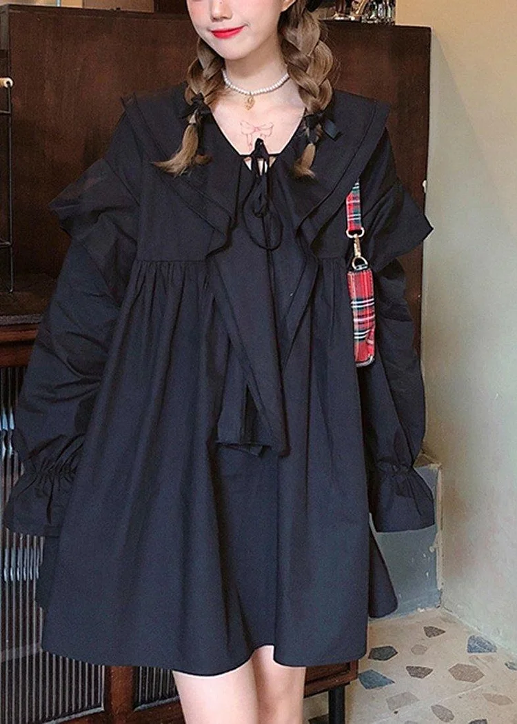 Style Long Sleeve Linen Spring Clothes Shape Black Dress