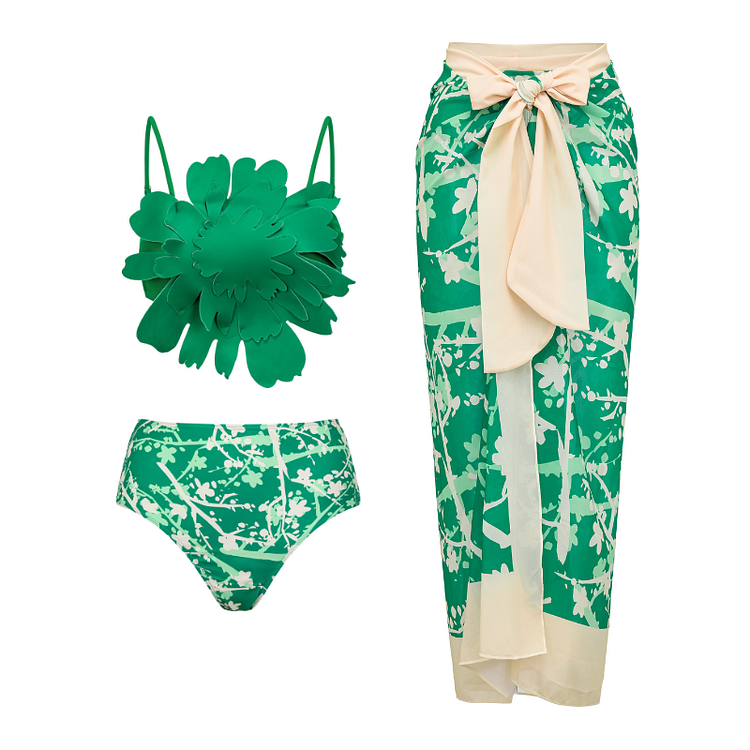 Flaxmaker 3D Flower Decor Printed Green Bikini Swimsuit and Sarong