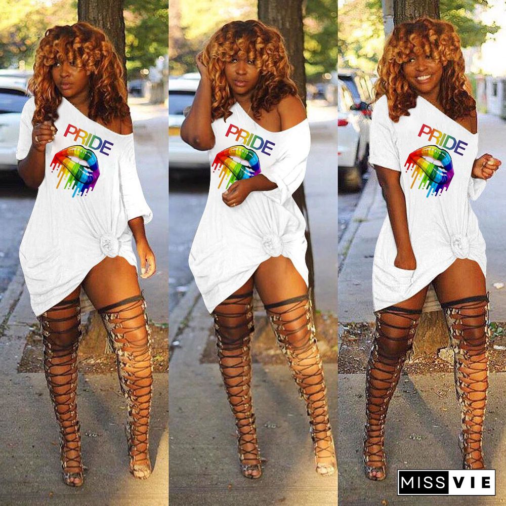 Lips Printed Sloping Shoulder Pocket Mini Leisure Dress