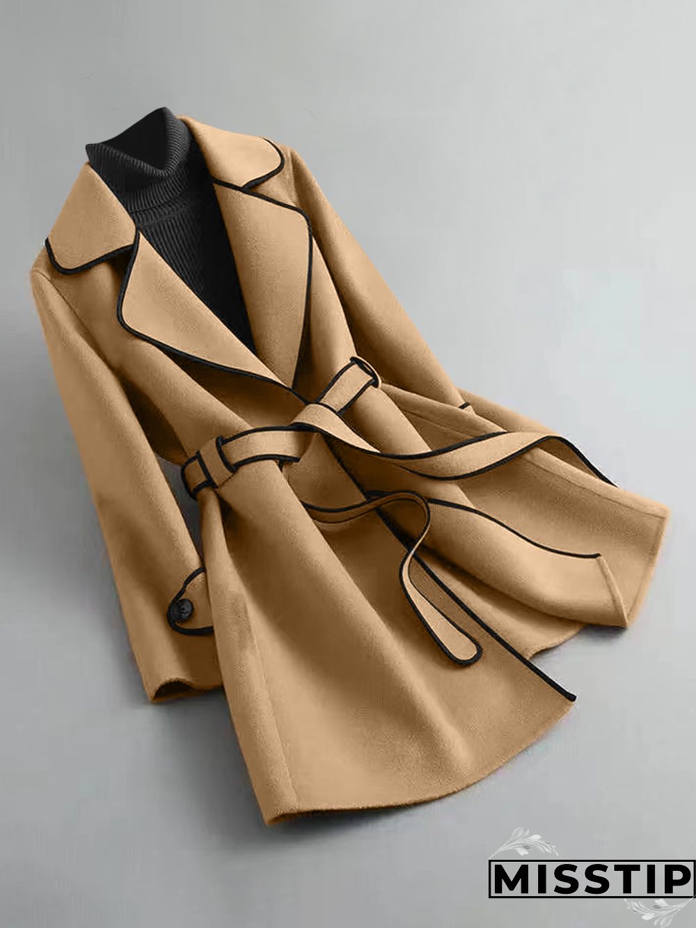 Winter Warm Woolen Blend Lapel Coat with Belt