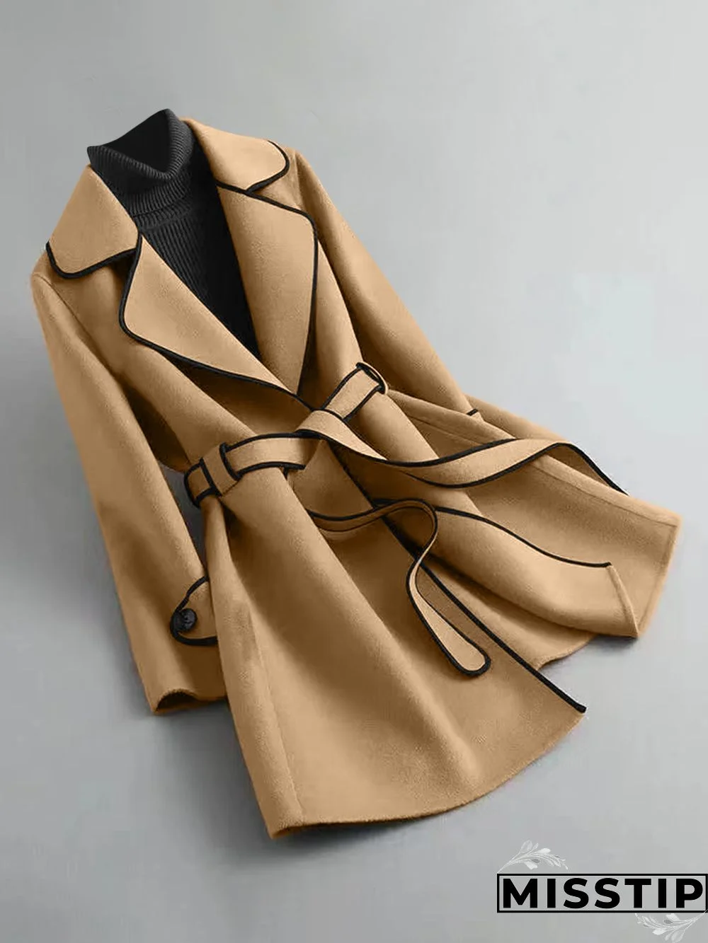 Winter Warm Woolen Blend Lapel Coat with Belt