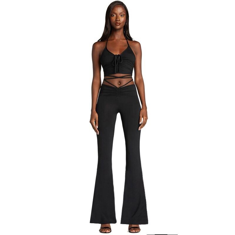 BOOFEENAA Y2k Sexy Halter Crop Top and Low Waist Flare Pants Two Piece Set Women Summer Outfits Ladies Clothes 2021 C95-CZ28