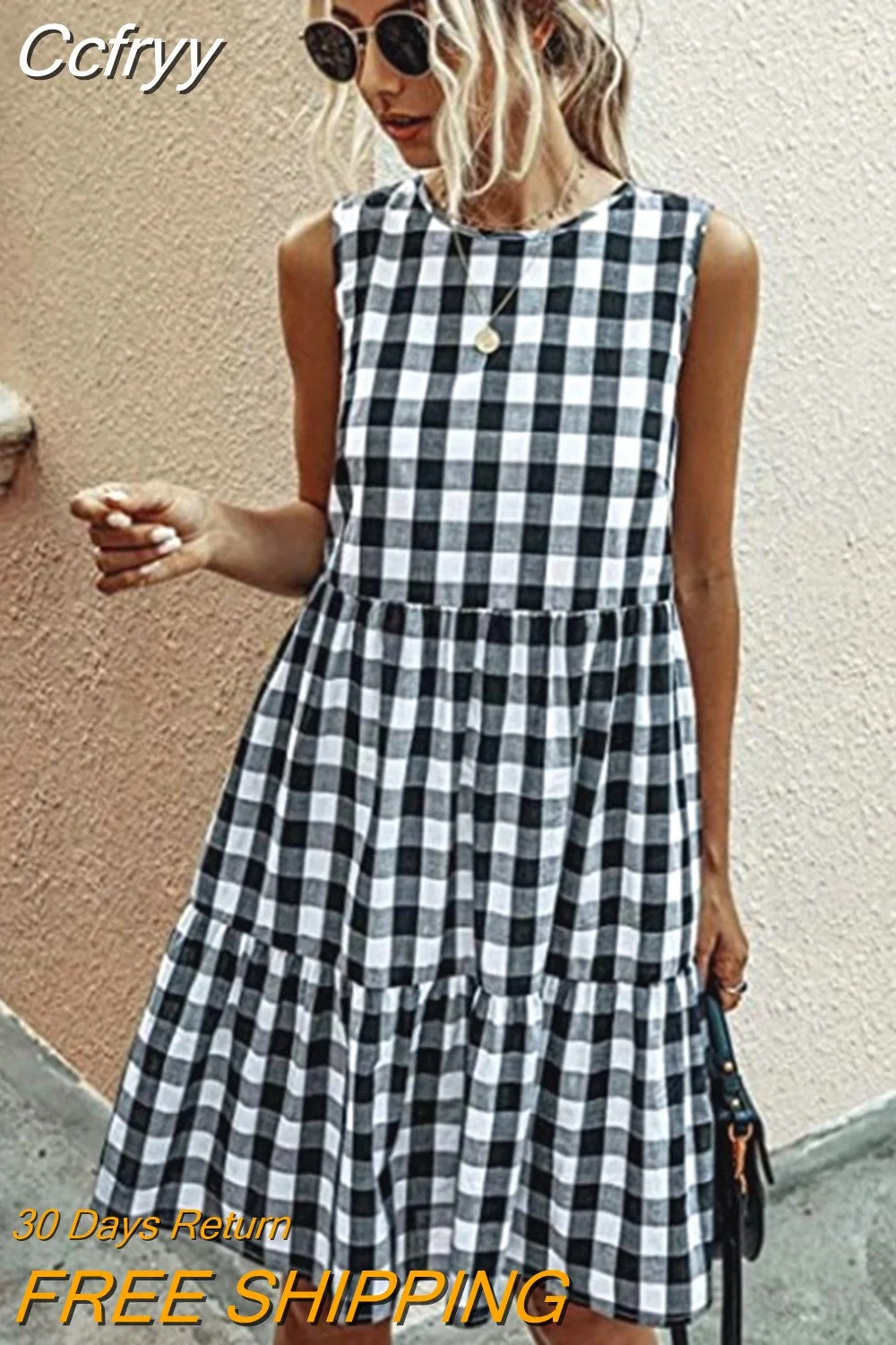 huibahe For Women Summer Casual Loose Plaid Print Ruffled Midi Dresses Sleeveless Vintage Elegant Ladies Dress Robe Femme 2023