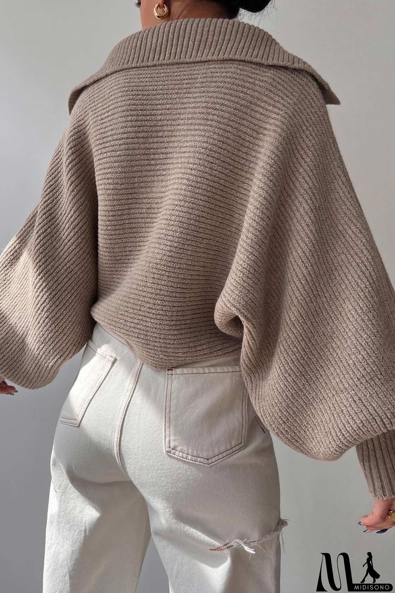 MidiSono - Lapel V Neck Puff Sleeve Sweater
