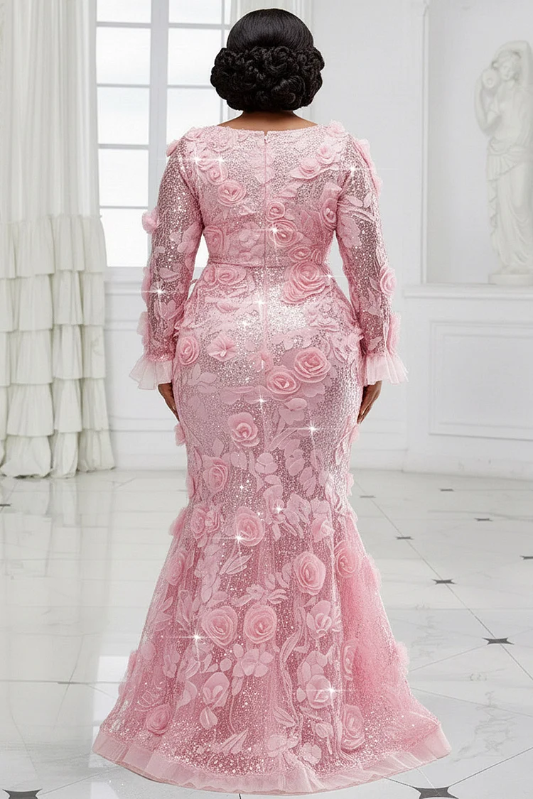 Xpluswear Design Plus Size Formal Pink V Neck Long Sleeve 3D Elegant Mermaid Sequin Maxi Dresses [Pre-Order]