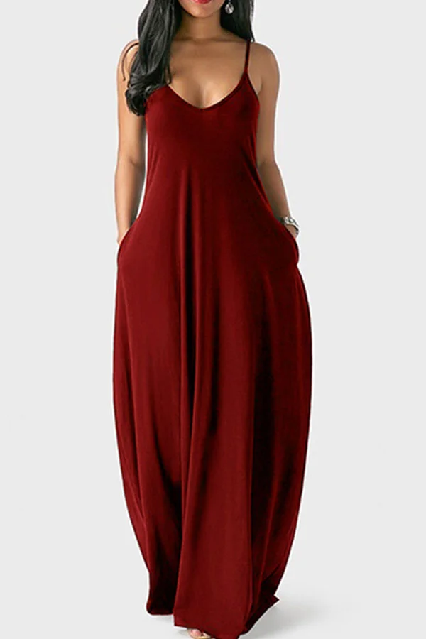 Wine Red Milk. Fashion Sexy Casual Spaghetti Strap Sleeveless Slip Princess Dress Floor-Length Solid Dresses