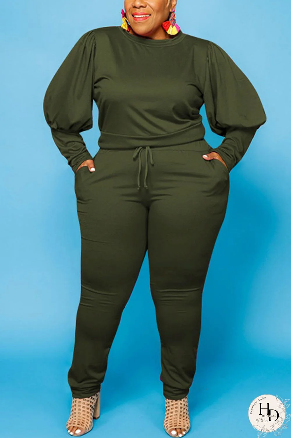Army Green Sexy Solid O Neck Plus Size