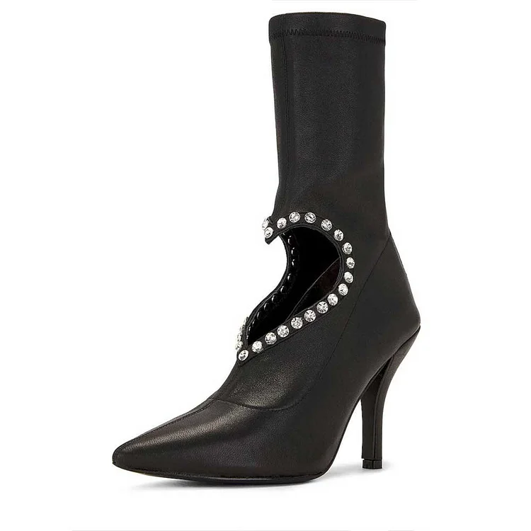 Women's Rhinestone Heart-Shaped Cutout Mid Calf Boots in Black |FSJ Shoes