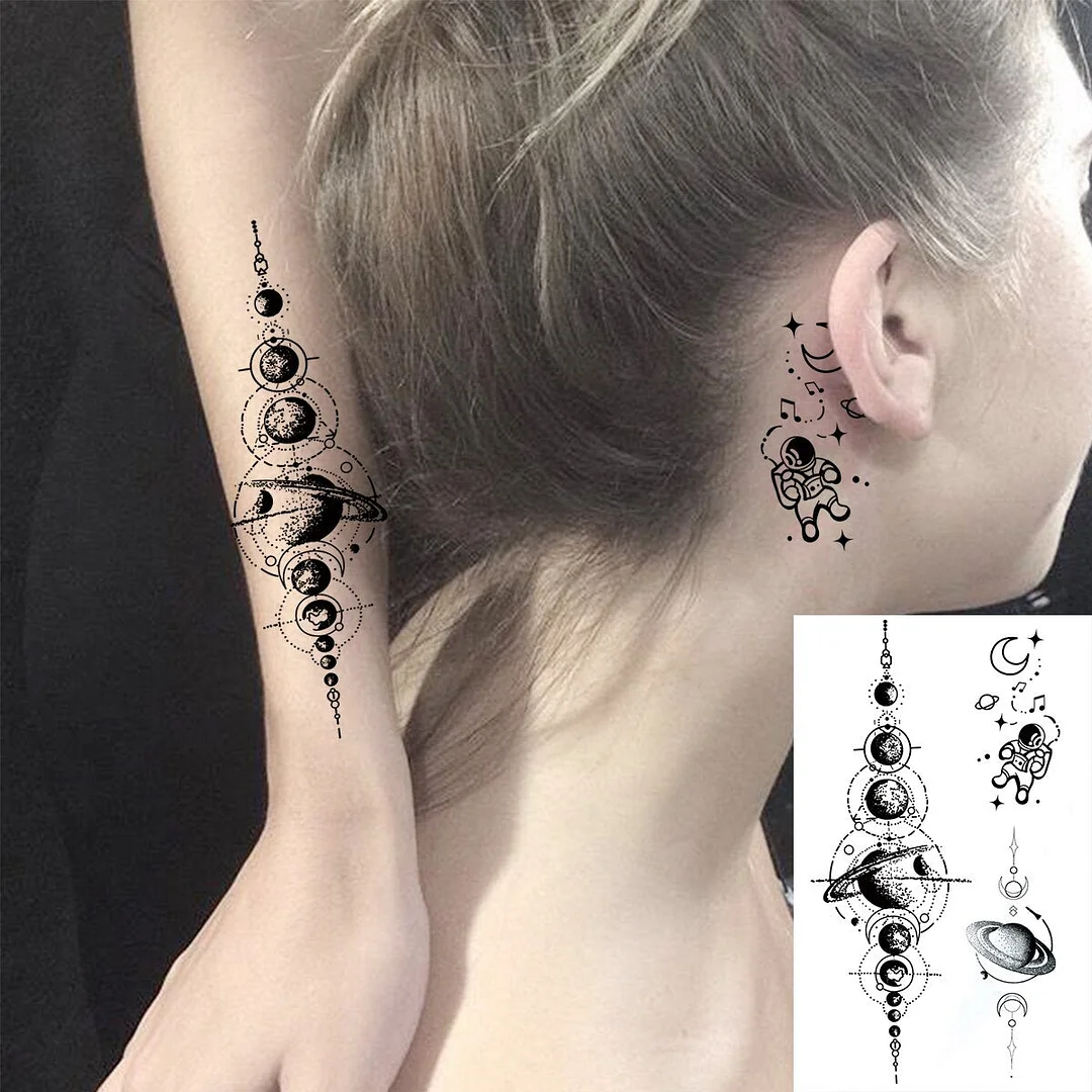 Black Round Totem Fashion Finger Temporary Tattoos For Women Men Universe Moon Realistic Fake Tattoo Waterproof Tatoos Sticker
