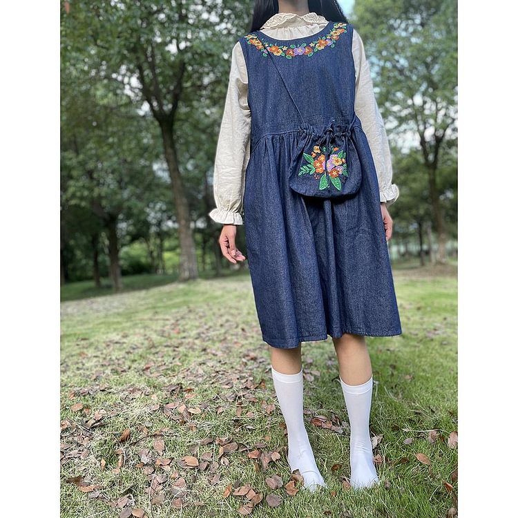 Queenfunky cottagecore style Cute Embroidered Denim Dress Set QueenFunky