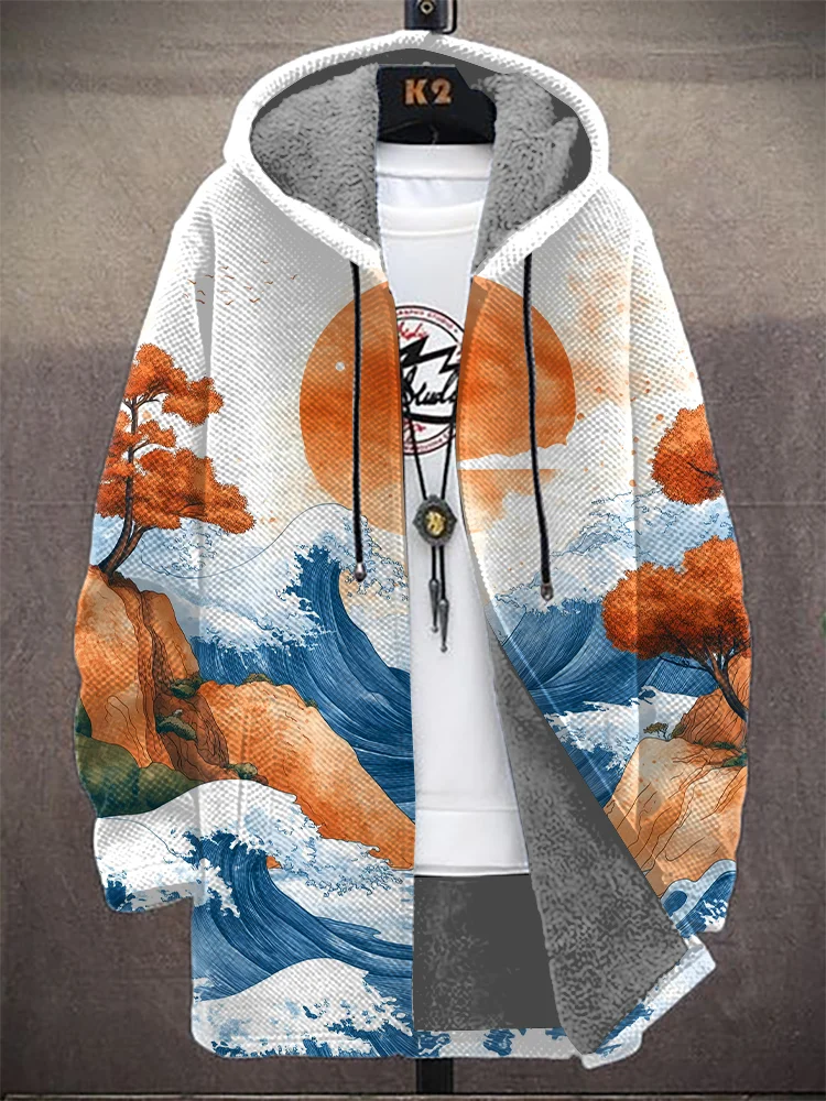 Men's Ukiyoe Autumn Waves Sunset Art Hooded Trench Coat