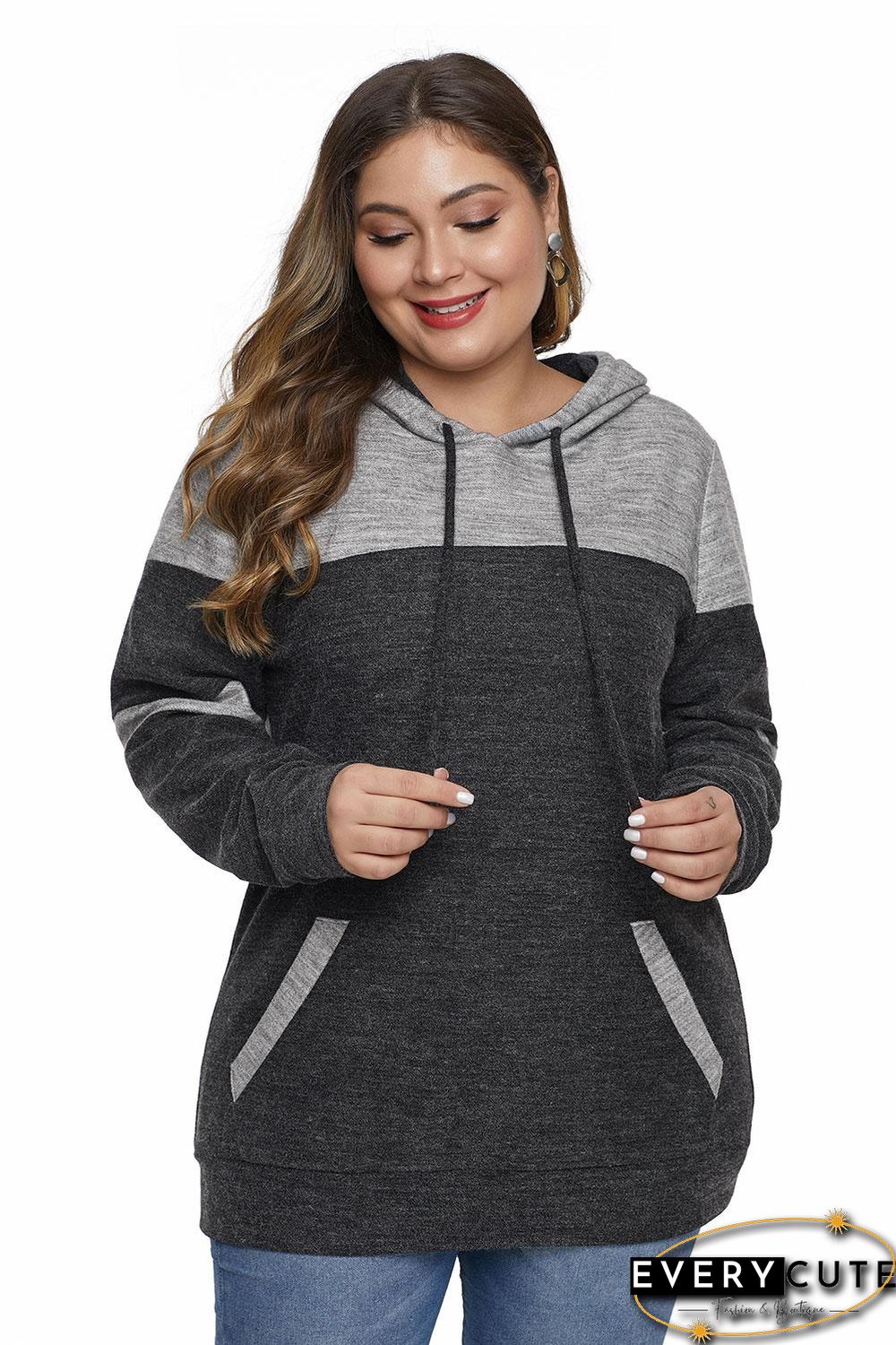 Black Color Block Pullover Plus Size Hoodie with Pocket