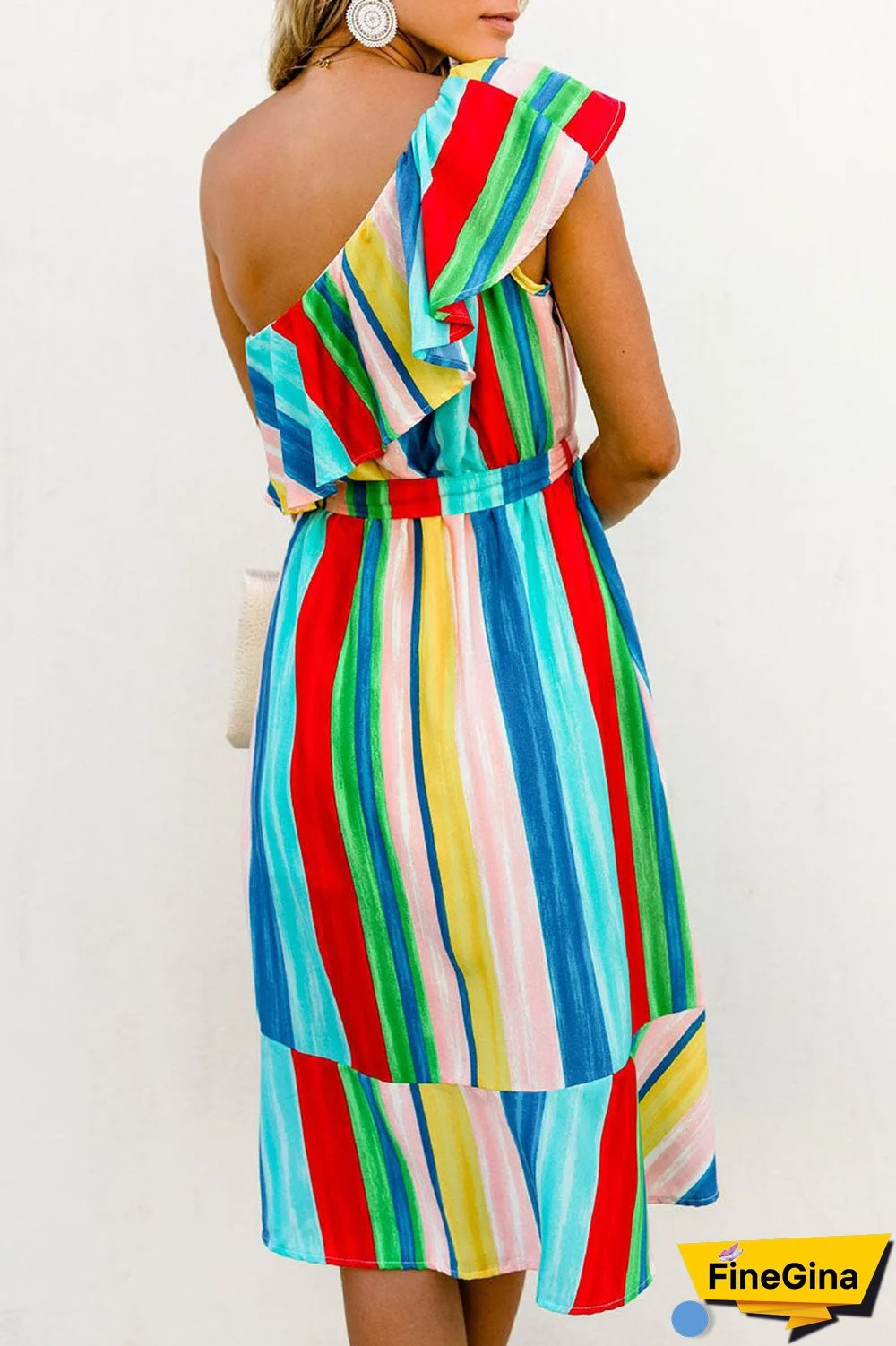 Fashion Street Striped Split Joint One Shoulder Irregular Dresses