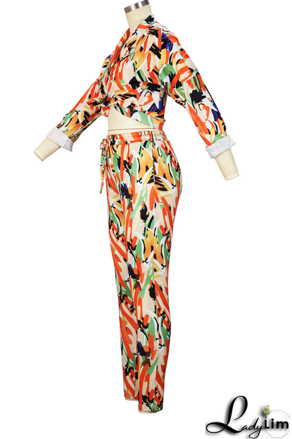 Orange Fashion Print Patchwork Turndown Collar Long Sleeve Two Pieces