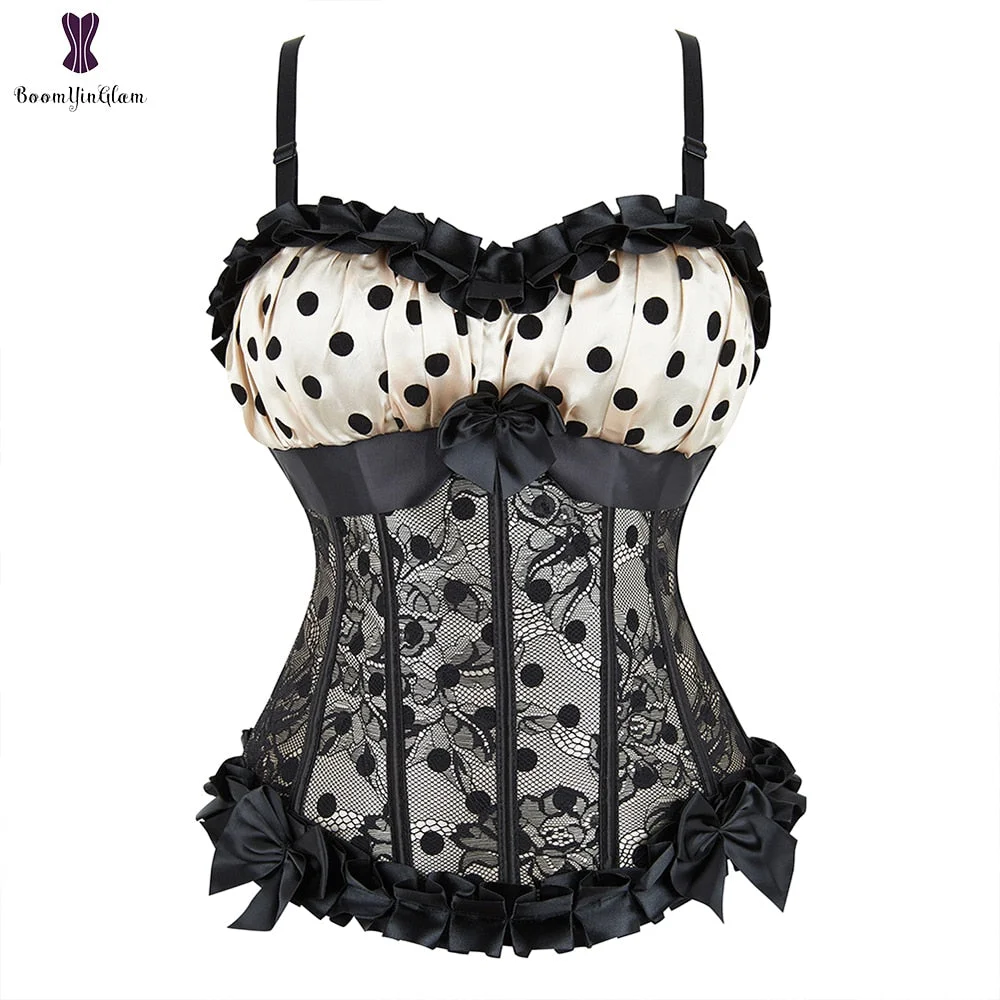 Removable Straps Side Zip Closure Overlay Lace Up Boned Corsets Ruffled Top Polka Dot Corset Bustier Overbust 8899#
