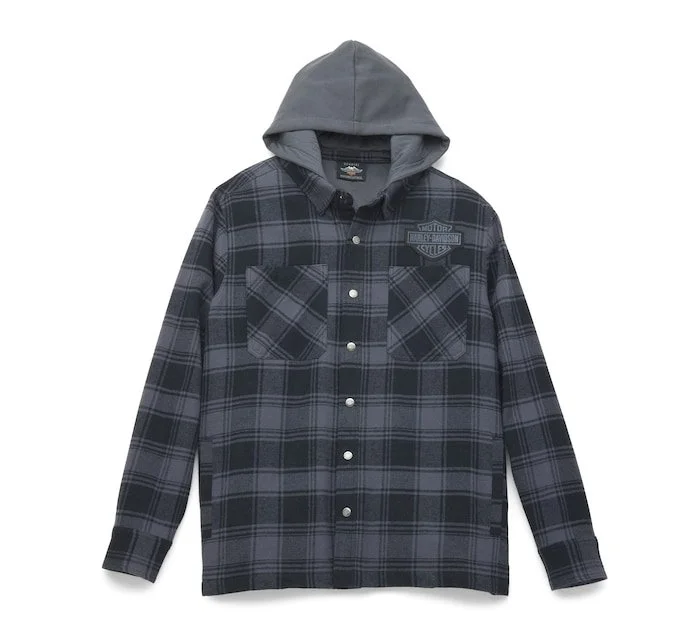 Men's Bar & Shield Removable Hood Plaid Shirt Jacket