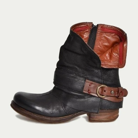 Woman Belt Buckle Square Heel Retro Leather Short Boots
