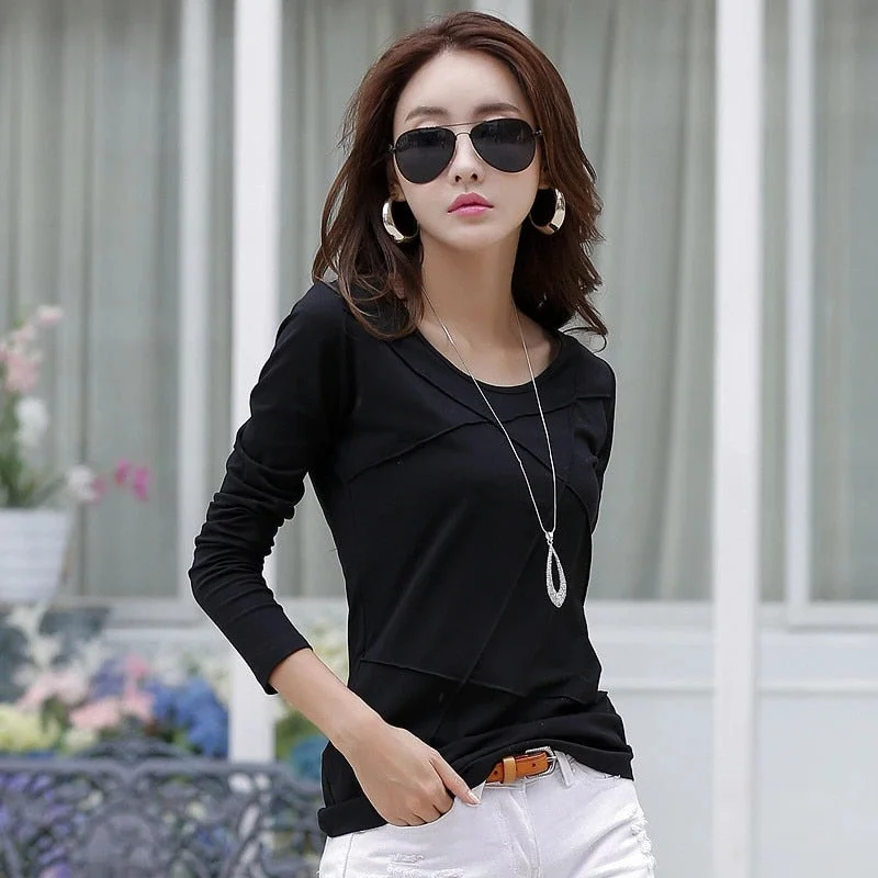 Autumn New Women Tee T Shirt Femme Slim Long Sleeve Black White Blue Office T Shirt Lady Tops Cotton T-Shirt Casual High Quality