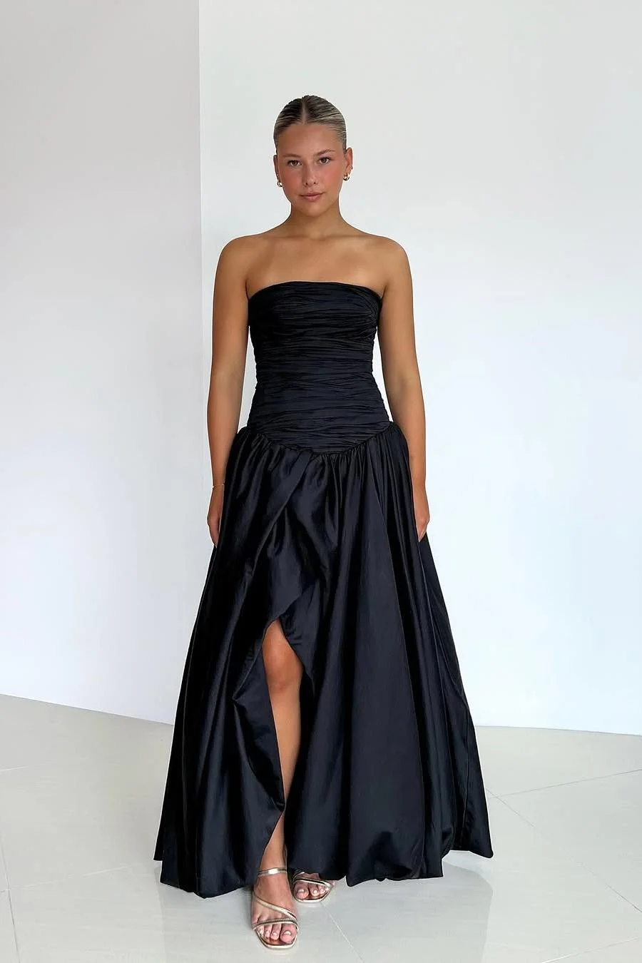 Miabel Chic Black Satin Sleeveless Strapless Long Pleated A Line Prom Dress with Split  