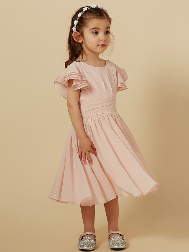 Daisda Short Sleeve Scoop A-Line Tea Length Flower Girl Dress With Sash 