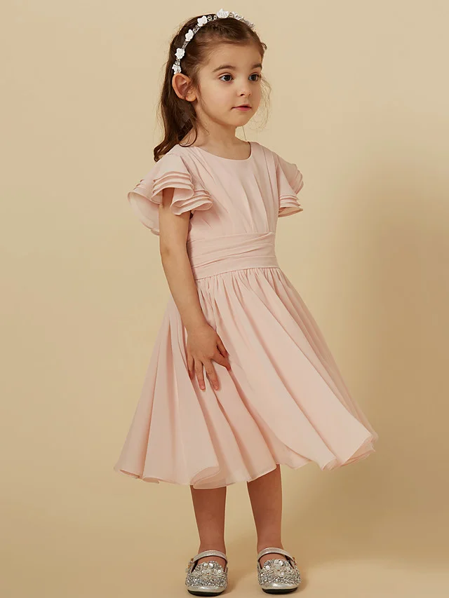 Daisda Short Sleeve Scoop A-Line Tea Length Flower Girl Dress With Sash 