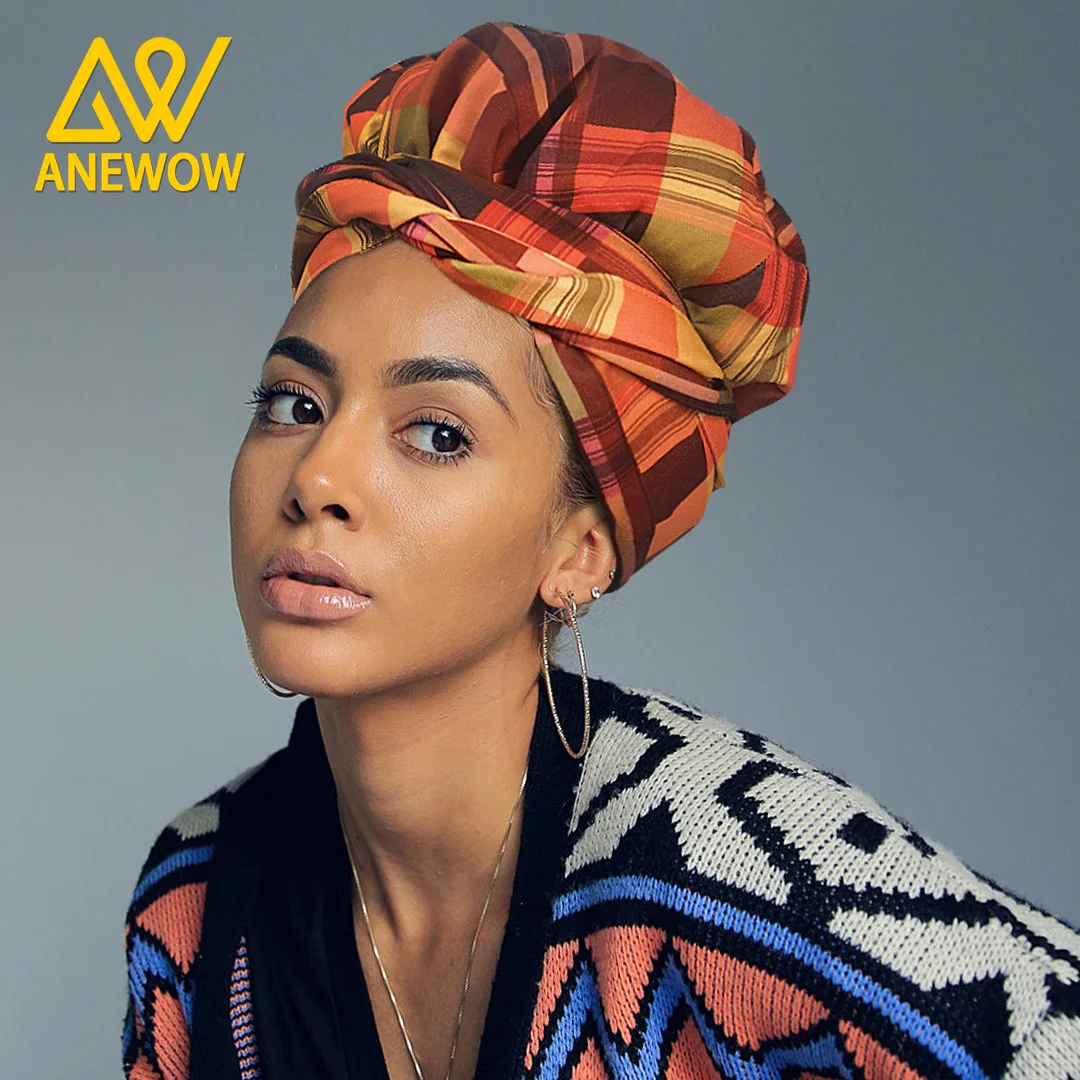 ANEWOW African Print Turban Bonnet Headwrap-Bold Orange Plaid Patterned Headscarf for Women, Versatile Fashion Accessory and Hair Protection Bonnet-AW1992