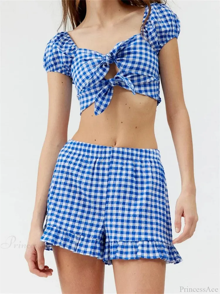Plaid Print Knotted Short Sleeve T-shirt Crop Top with Elastic Waist Shorts Set