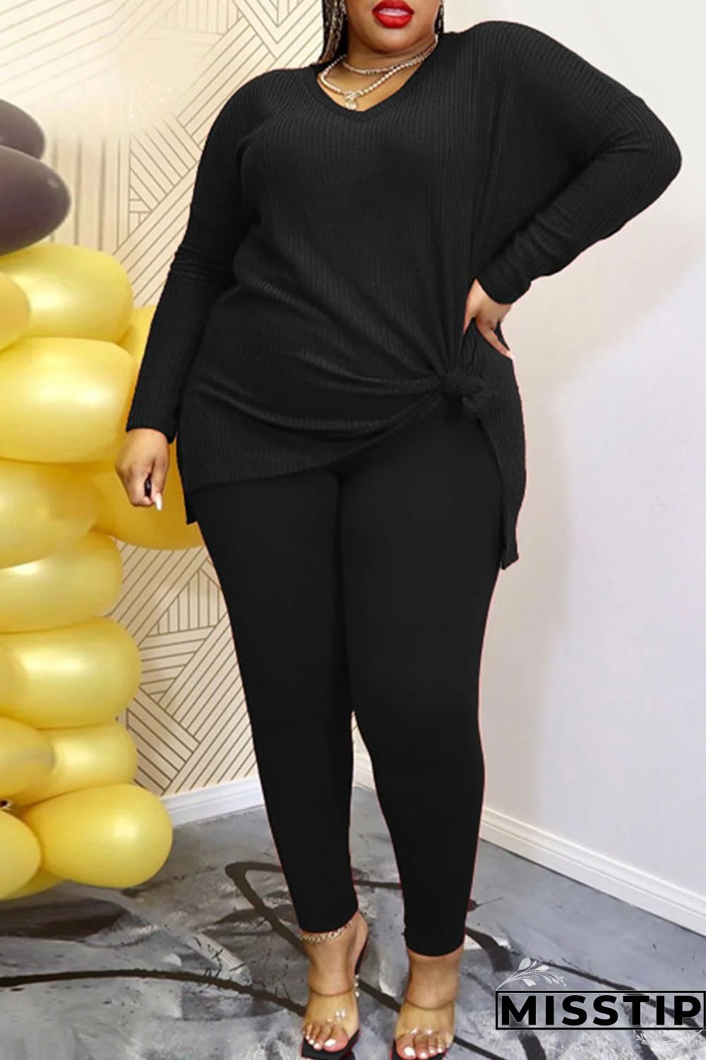 Rose Red Casual Solid Patchwork Slit V Neck Plus Size Two Pieces