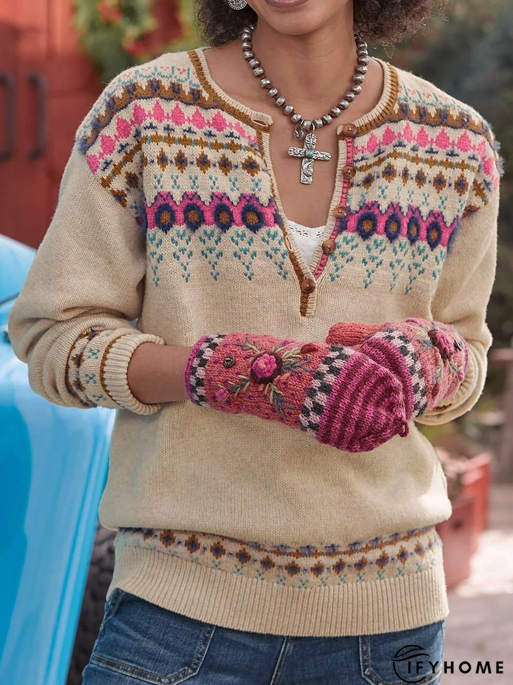 Holiday Geometric Print Round Neck Long Sleeve Casuall Sweater | IFYHOME