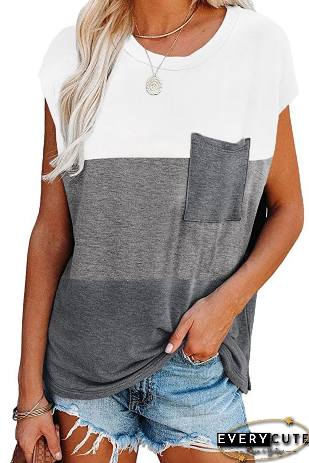 Gray Colorblock Pocketed Cap Sleeve Top