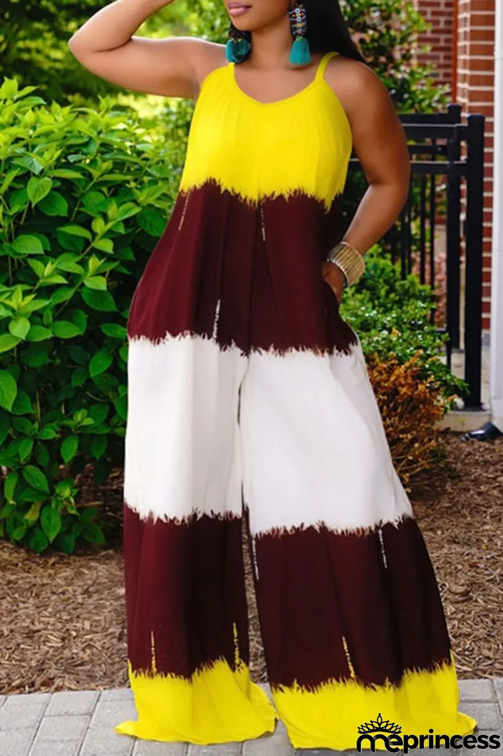 Yellow Casual Print Patchwork Spaghetti Strap Plus Size Jumpsuits