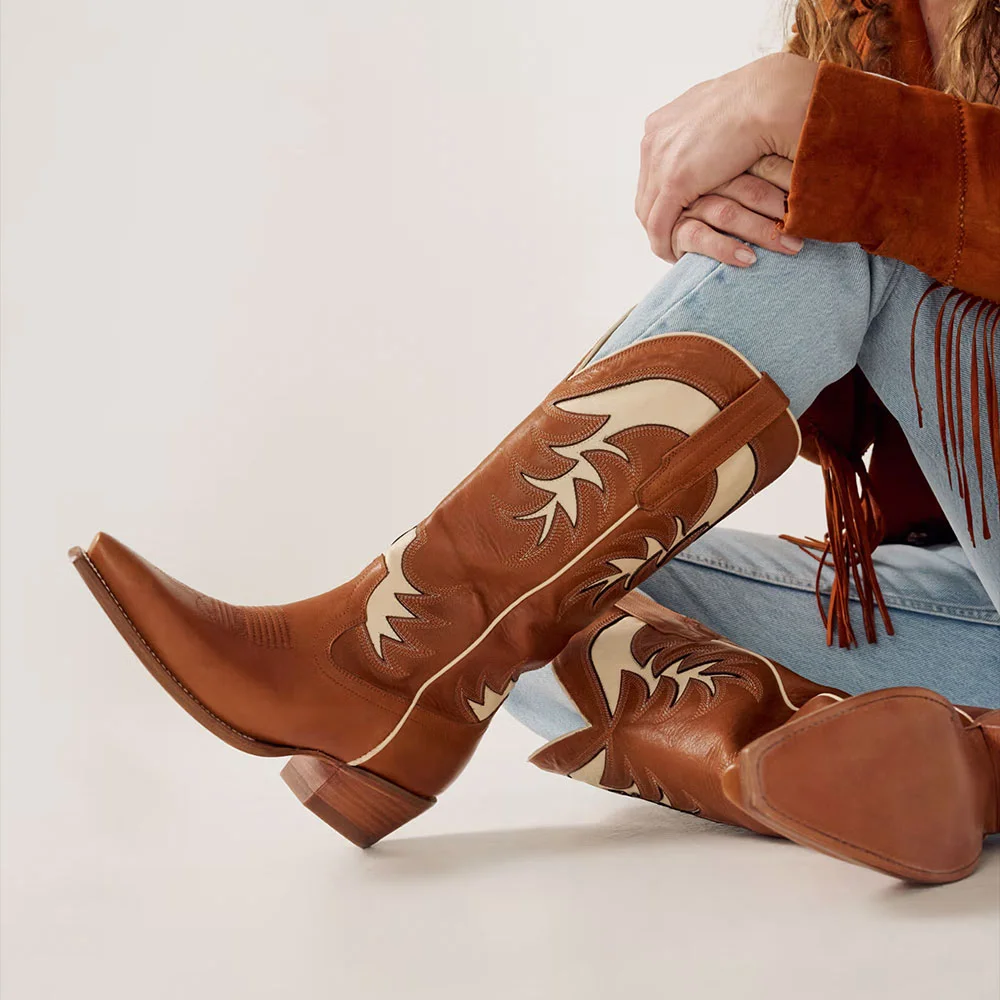 Brown Snip Toe Chunky Heel Stitching Mid Calf Western Boots for Women