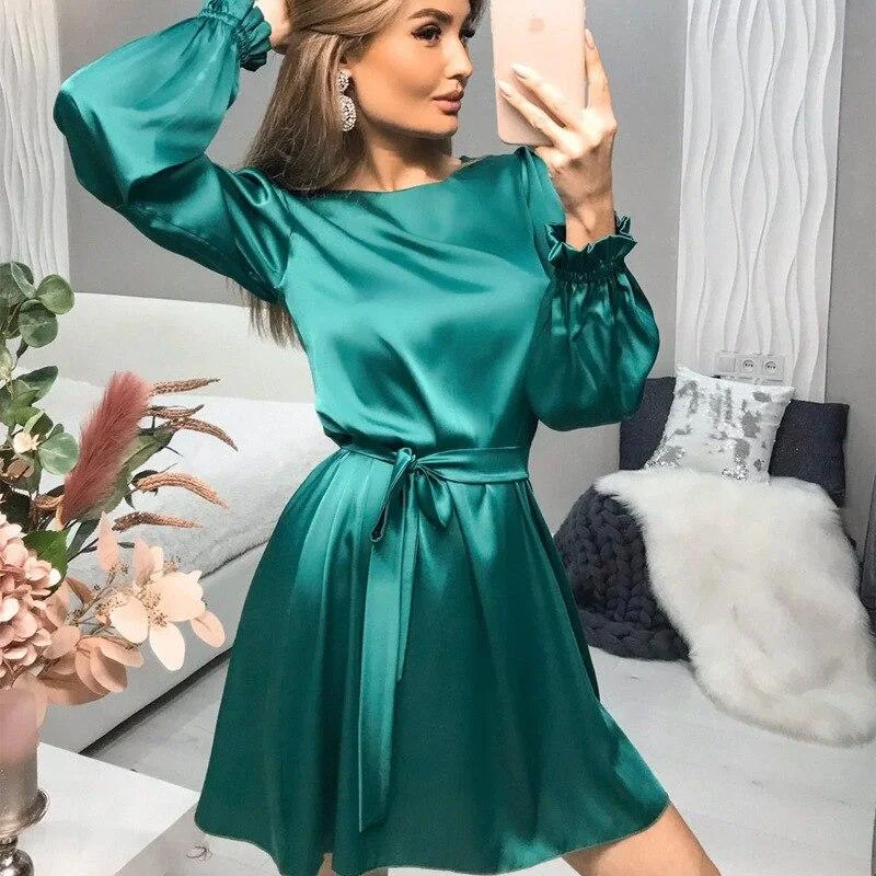 Long Sleeve Satin Dress for Women Spring Solid Color Elegant Party Dress Office Lady Round Neck Casual Comfy Dress with Sashes