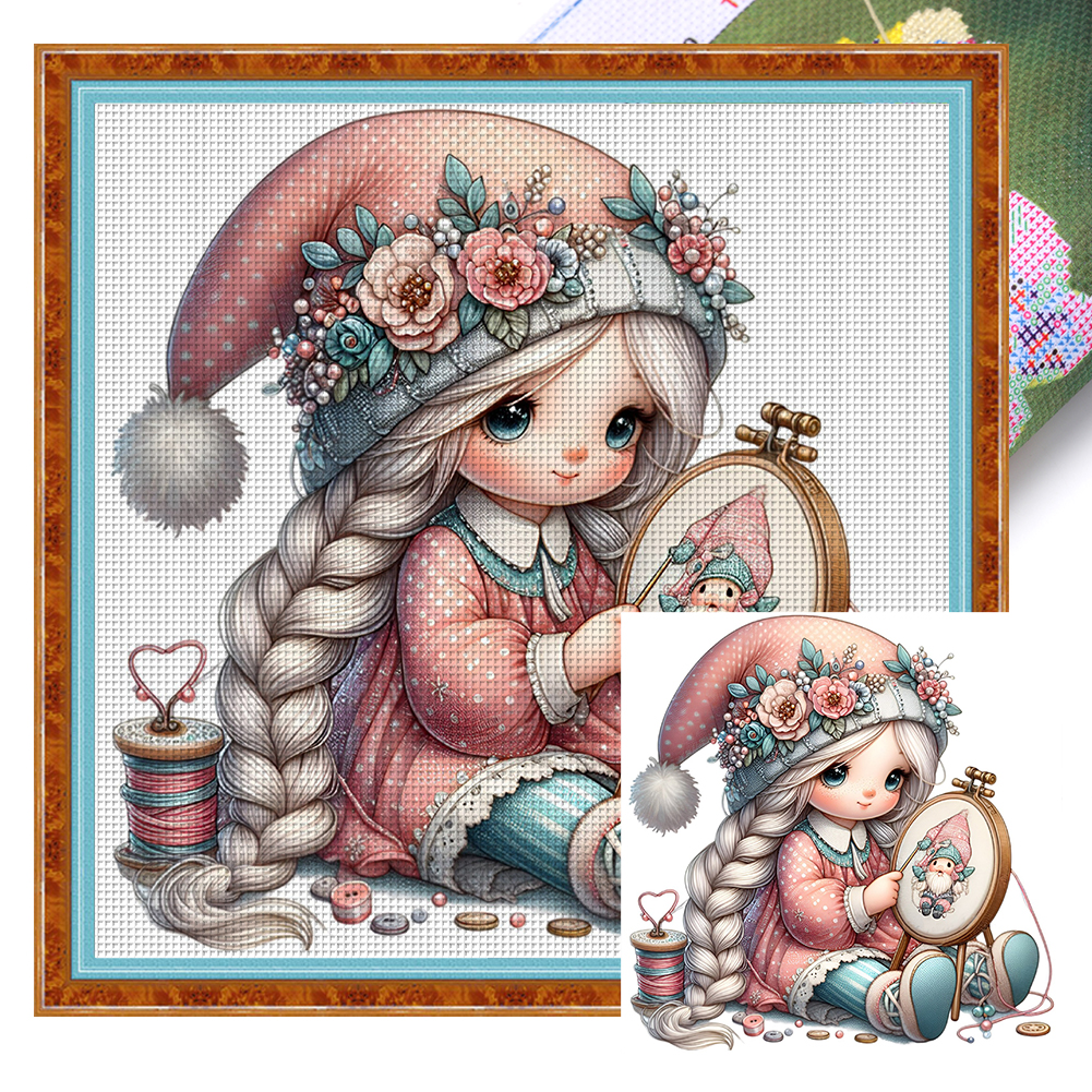 Sewing Gnome Girl Full 16CT Pre-stamped Canvas(40*40cm) Cross Stitch