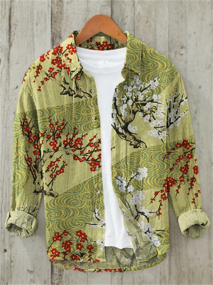 Comstylish Plum Blossom Japanese Pattern Linen Blend Shirt