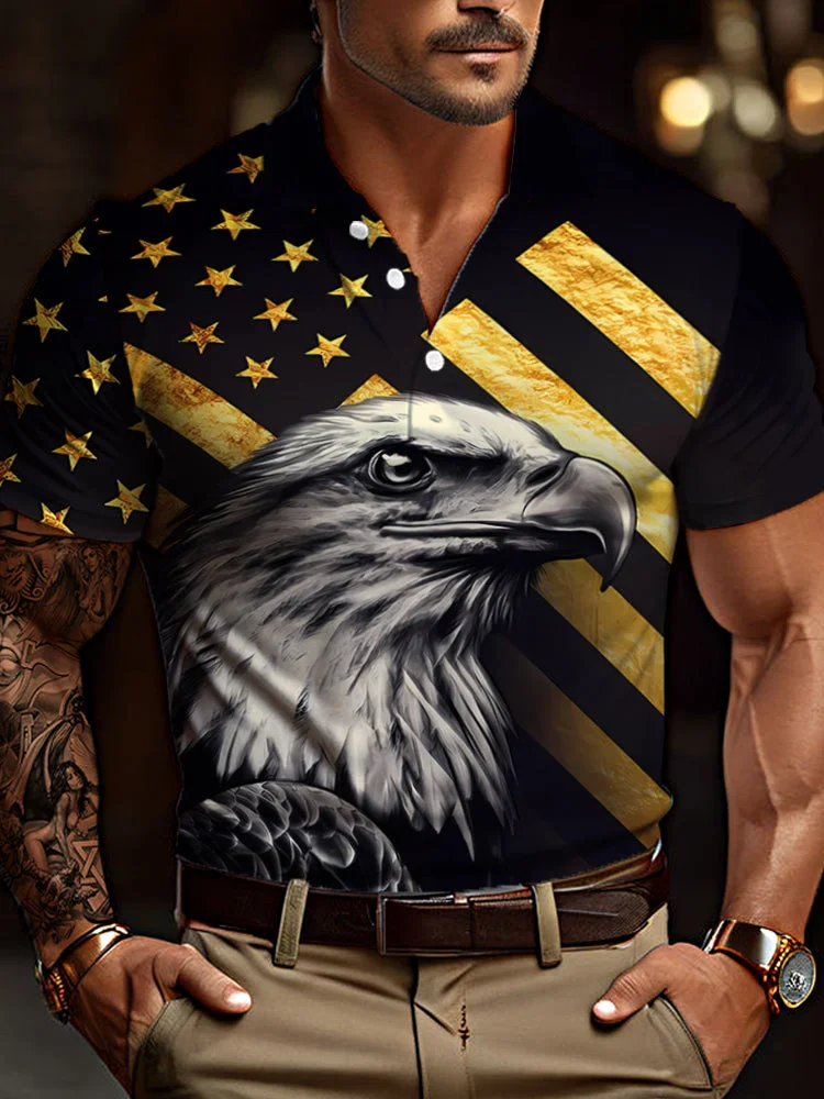Black Gold Stars And Stripes Eagle Pattern Printing Short Sleeve Polo BestDVibe