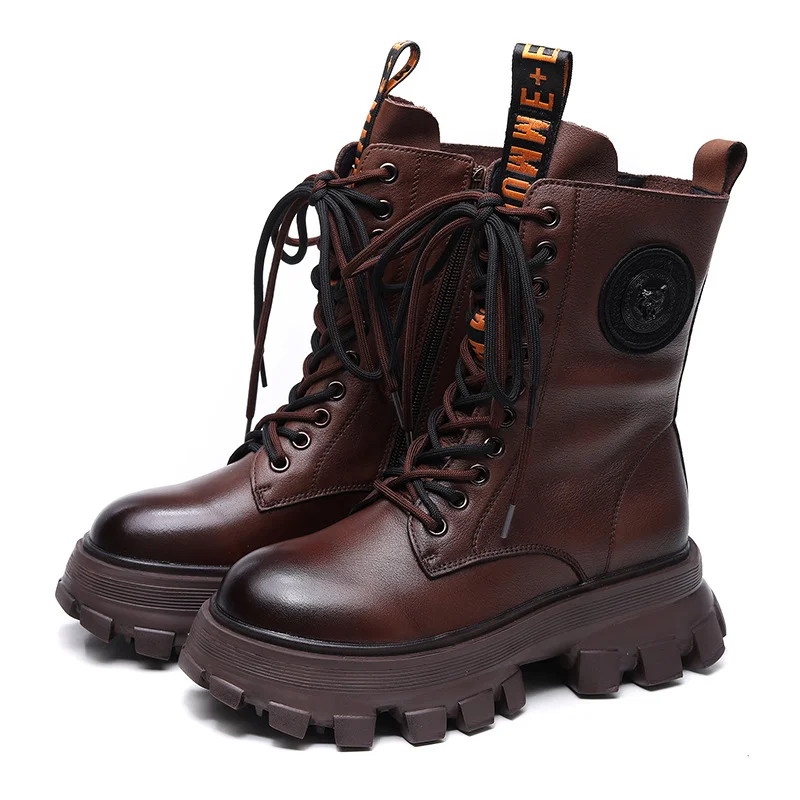 Yyvonne Layer Of Cowhide Autumn And Winter Plus Velvet Warm New Baibian Cake Bottom Cylinder Zipper Locomotive Boots Martin Boots Woman