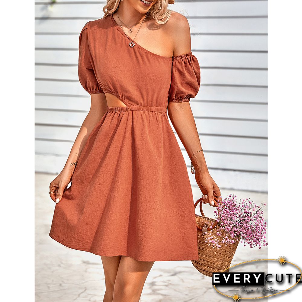 Rust Red Cut-out One Shoulder Casual Dress