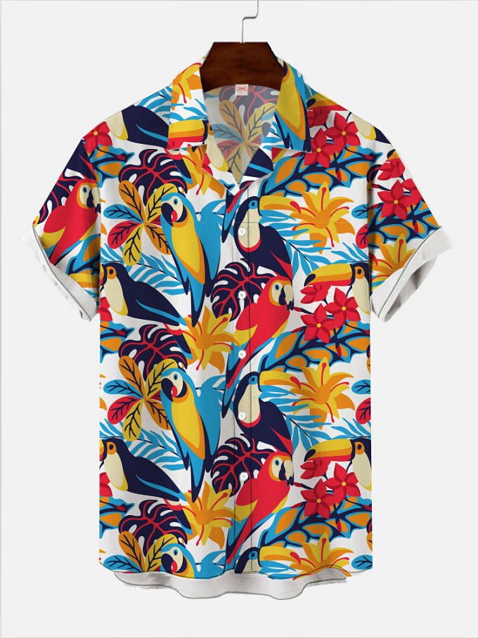 Tropical Jungle Toucan And Parrots Printing Cuban Collar Men's Short Sleeve Shirt