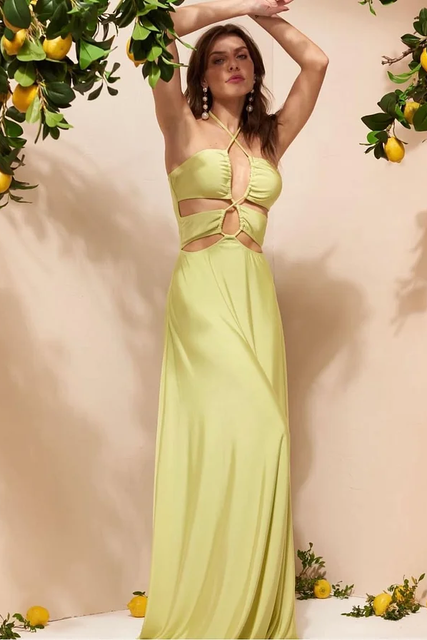 Lisliy Yellow Sleeveless Halter Straps Deep V-Neck Mermaid Prom Dress