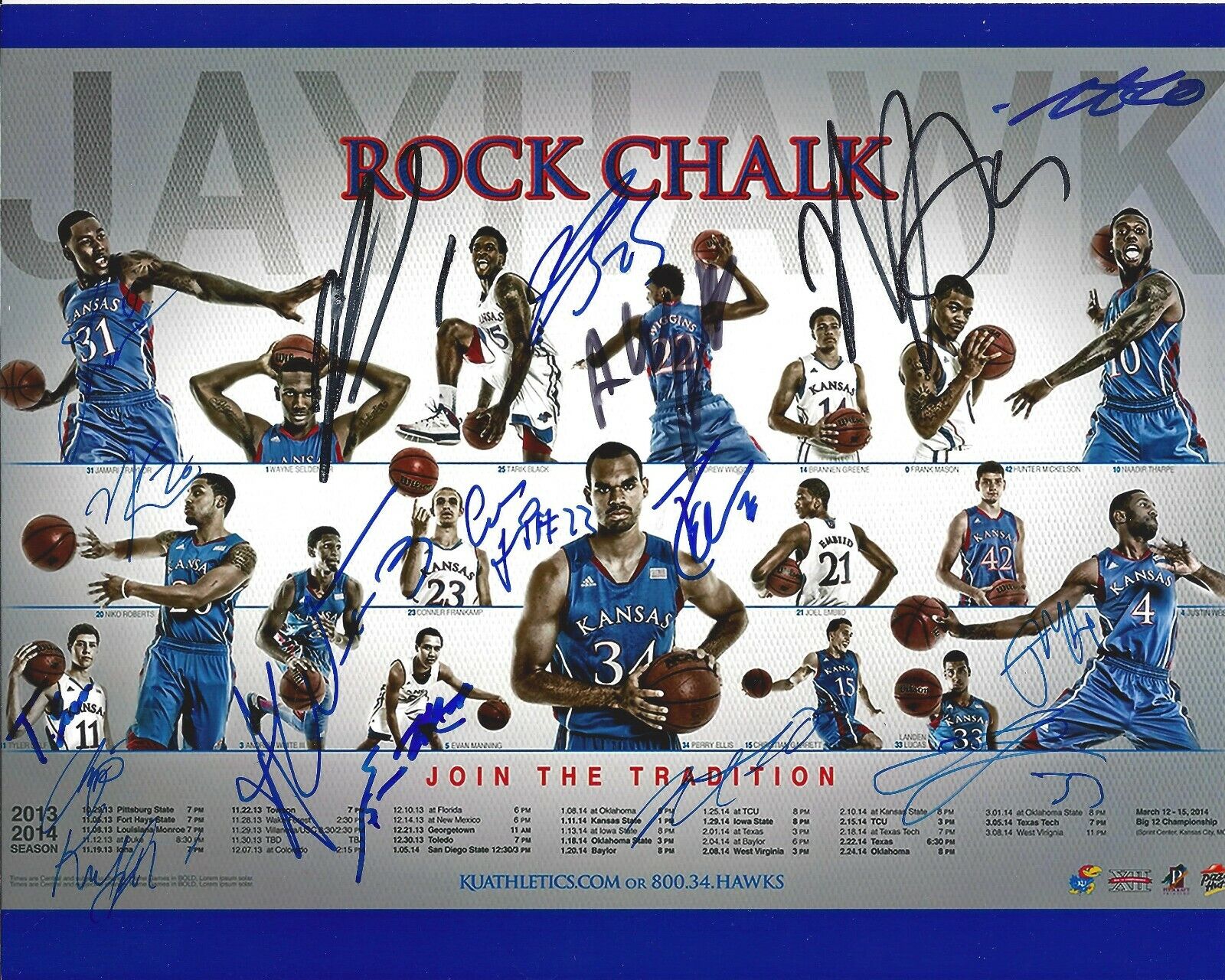 2013-14 Kansas Jayhawks Team Autographed 8x10 Wiggins EllisB608