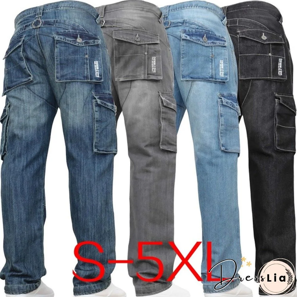 Men's Fashion Denim Straight Jeans Casual Multi-pocket Cargo Jeans Loose Fit Denim Long Pants Plus Size S~5XL