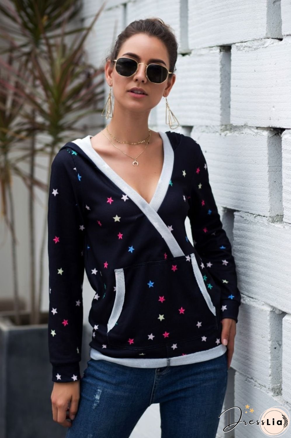 Star Print Kangaroo Pocket Hoodie