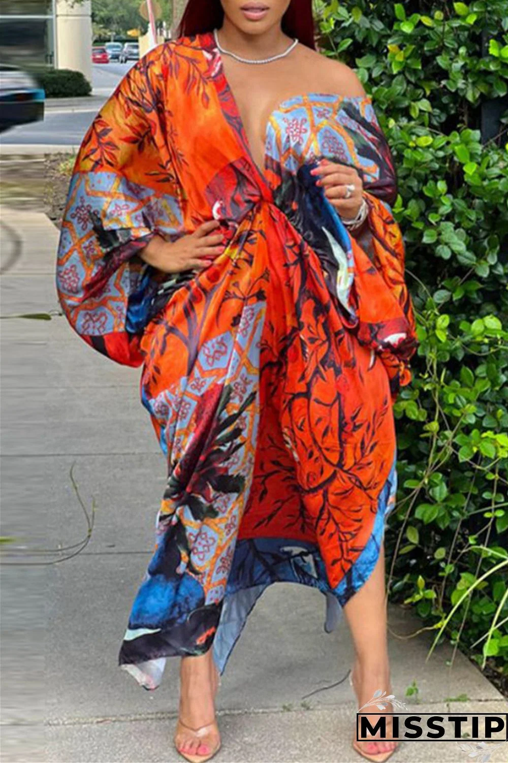 Red Gray Casual Print Patchwork V Neck Irregular Dress Plus Size Dresses