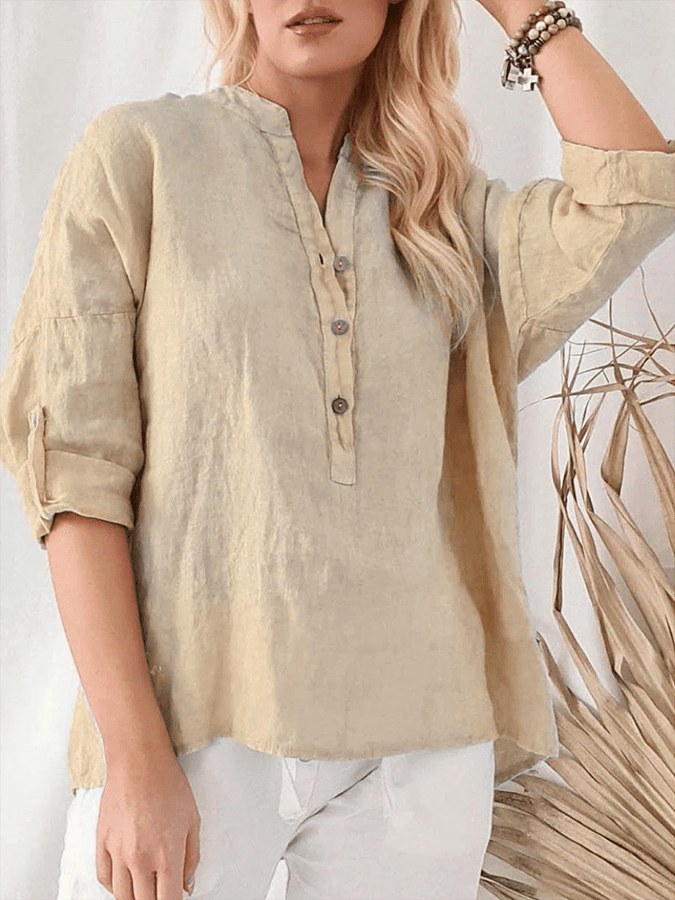Women's Button-Embellished Casual Pure Color Cotton Shirt socialshop